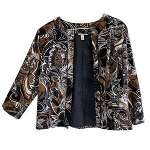 Dress Barn Womens Jacket L Brown Black Floral Swirls Open Front Retro Glam